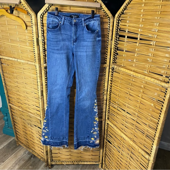 Ashleigh Blue Golden Button Detail Rolled Edge Flare Leg Jeans